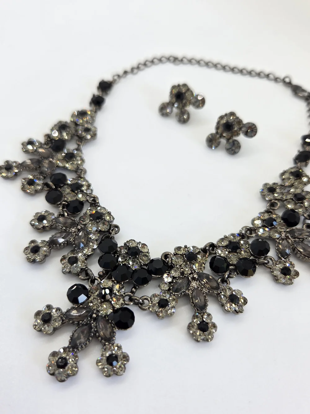 Elegant Black and Crystal Statement Necklace and Earrings Set, Vintage